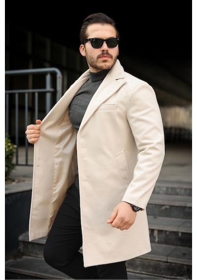 Slim Fit Astarlı Uzun Kaşe Kaban Krem