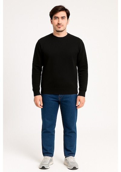 Vatan Tekstil İçi Polarlı Hafif Dar Kalıp Bisiklet Yaka Erkek Basic Sweatshirt Siyah