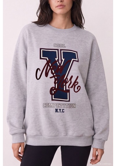 Quzu Baskı Nakış Detaylı Sweatshirt Karmelanj Gri