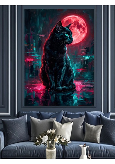 Dolunay Altında Neon Kara Kedi Dekoratif Kanvas - Mdf Ahşap Tablo