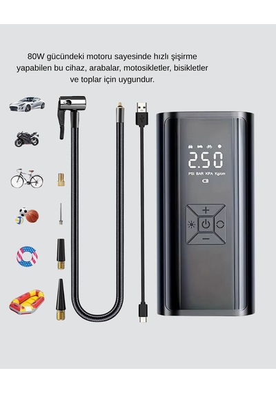 Mey İthalat Taşınabilir 80w Kablosuz Lastik Şişirme Pompası Dijital Ekranlı