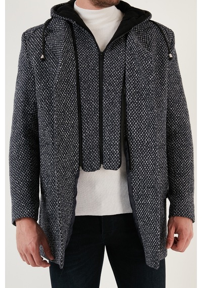 Buratti Çıkarılabilir Kapüşonlu Kırçıllı Slim Fit Kaşe Erkek Kaban 5841013 Lacivert Noktalı