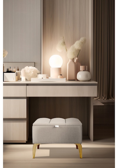 Vetra Mini Royal Krem Kumaş Sandıklı Dekoratif Puf&bench-dilimli Model-gold Ayak-modern Puf