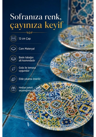 6 Lı Cam Çay Tabağı Renkli Çini Desenli 12 Cm, 6 Adet Çay Tabak Çok Renkli