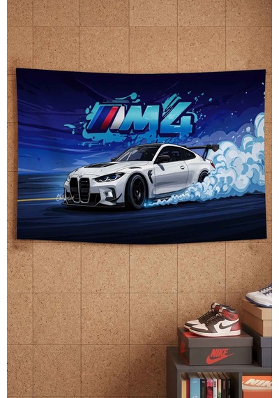 Bmw M4 Beyaz Spor Araba Drift Graffiti Dekoratif Duvar Örtüsü Duvar Halısı
