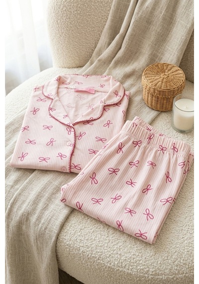 Mataş Kadın Pembe Çiçek Desenli Bambu Viskon Uzun Kollu Soft Örme Pijama Takımı