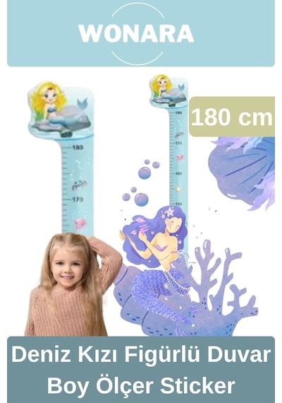 Özel Üretim Çocuk İçin Deniz Kız Figürlü Çift Taraflı Yapışkanlı Silinebilir Duvar Boy Ölçer Sticker