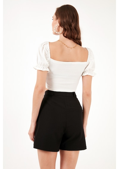 Lela Slim Fit Büzgü Detaylı Kalp Yaka Crop Bayan Bluz 5865601 Ekru