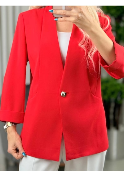 Ekol Kadın Tek Düğmeli Mercan Renk Blazer Ceket 04128 Mercan