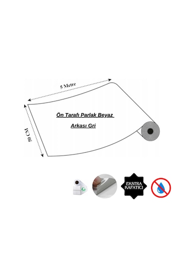 Parlak Beyaz Arkası Gri Mobilya Ve Dolap Kaplama Folyosu 50 Cm X 5 Metre