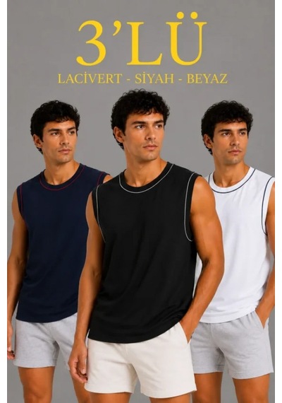 Efnaz Style Erkek 3 Lü Kolsuz Sporcu Atlet Seti Yazlık Bisiklet Yaka - Siyah, Lacivert, Beyaz Çok Renkli