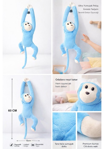 Maymun Yapışkanlı Vikvik Sesli 60cm - Maymun Peluş Oyuncak Açık Mavi