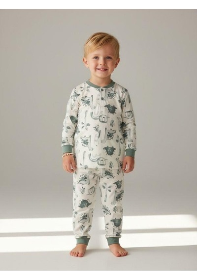 Zekids Erkek Çocuk Pamuklu Safari Desenli Çıtçıtlı Pijama Takımı-16836 Mint