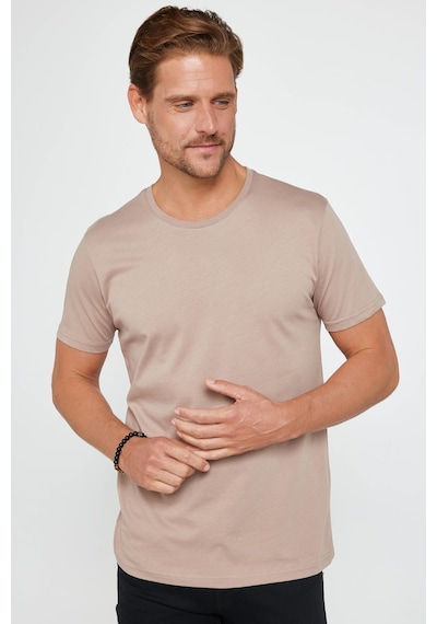 Tudors Unisex Slim Fit Dar Kesim %100 Pamuk Yumuşak Dokulu Vizon Bisiklet Yaka Tişört-31083 Vizon