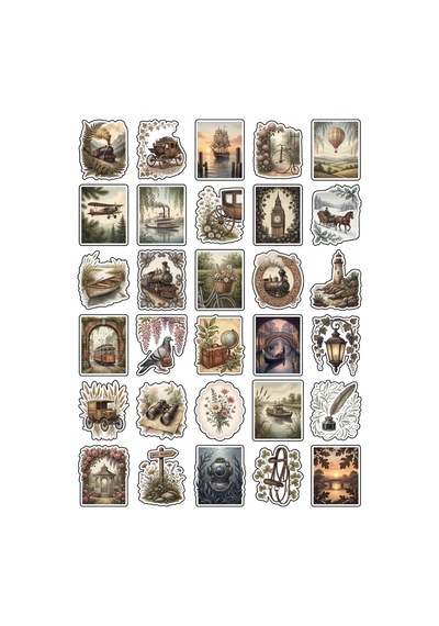 30 Adet Vintage Ulaşım Ve Doğa Sticker Seti - Ajanda Defter Laptop Çok Renkli