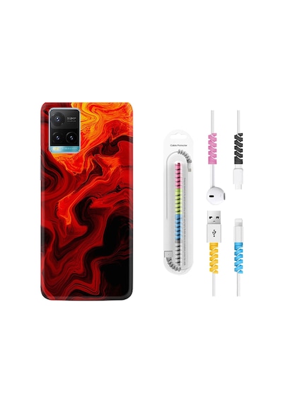 Vivo Y21S Kılıf Kablo Koruyuculu Red Orange Zigzag 1695