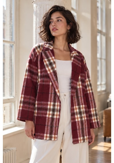 Armonika Kadın Koyu Bordo Erkek Yaka Yanları Yırtmaçlı Oversize Ceket Arm-26k001009