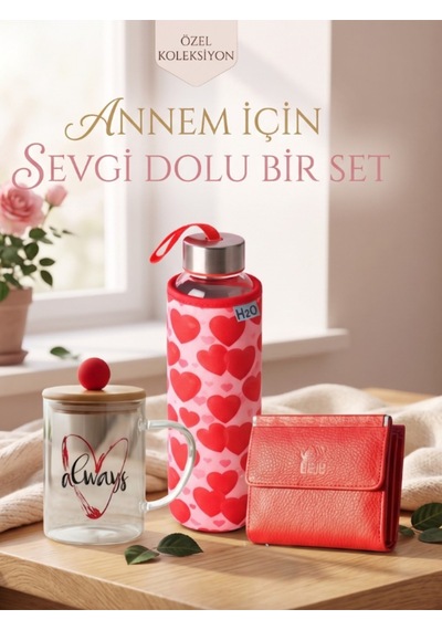 Deerderi Hakiki Deri Cüzdan, Kupa Ve Kılıflı Matara Seti Kırmızı
