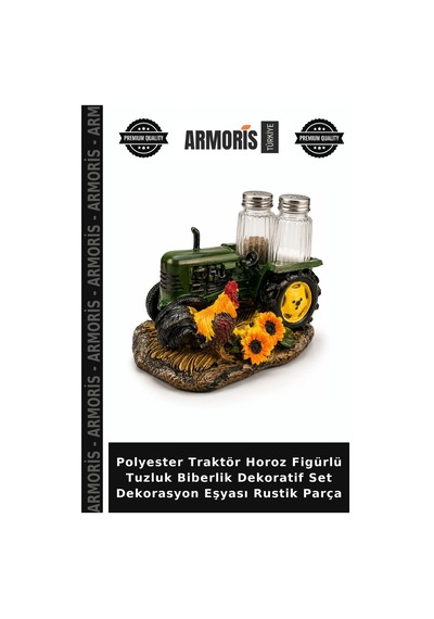 Polyester Traktör Horoz Figürlü Tuzluk Biberlik Dekoratif Set Dekorasyon Eşyası Rustik Parça Çok Renkli