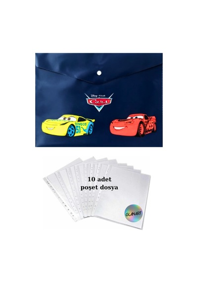 A4 Boy Çıt Çıt Ödev Dosyası +10' Lu Poşet Dosya Arabalar Lacivert