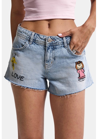 Itsbasic Kadın Mavi 4s6-32 Mini Mom Nakış Desenli Tasarım Denim Şort