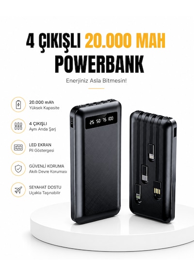 20.000 Mah Dijital Ekranlı Powerbank Yüksek Performanslı 4 Çıkışlı Dahili Kablolu Taşınabilir Batarya Diğer