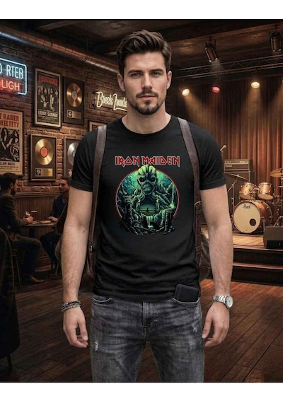 Erkek Iron Maiden Rock Metal Grubu Baskılı Pamuklu T-shirt Siyah