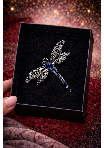 Taşlı Yusufçuk Dragonfly Broş Mavi Taş Detaylı Vintage Şık Tasarım Renkli