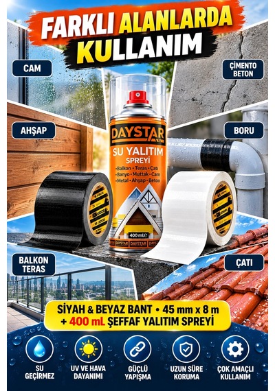 3 Lü Su Geçirmez Yalıtım Ve Tamir Seti 45 Mm 8 M Siyah Beyaz Bant + 400 Ml Daystar Şeffaf Su Yalıt