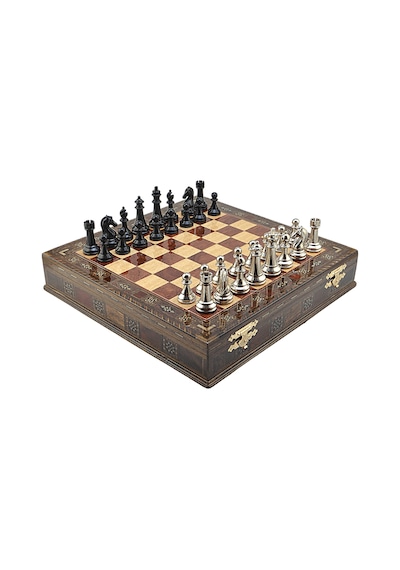 Gifthome Premium Black Metal Klasik Satranç Takımı Ve El İmali Masif Ahşap Sandıklı Gül Tahtası 38x38x6 Cm.