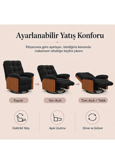 Smarto Relax Porto Tv Koltuğu Ahşap Yan Panelli Döner Ve Elektrikli Döner Sallanan Kontrollü Nefes Alabilir Kumaş Baba Koltuğu Siyah