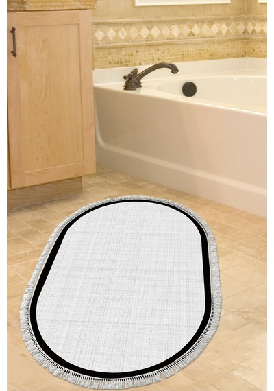 Kaymaz Taban Djt Banyo Mutfak Salon Halı Star Pamuk Saçaklı Oval Dokuma Desen E5007 Gri Beyaz
