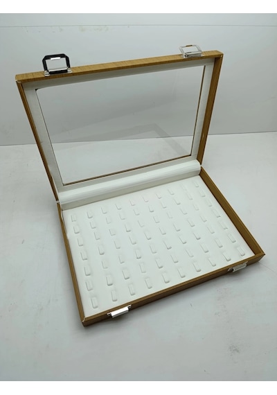 Yeni Cam Kapaklı Deri Kumaş Kahve-krem Renk 34 Cm / 24 Cm Tırnaklı Yüzük Tablası