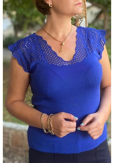 Mia Butik Kadın Saks Mavi Sıfır Kol Ajurlu Triko Bluz Saks Mavi
