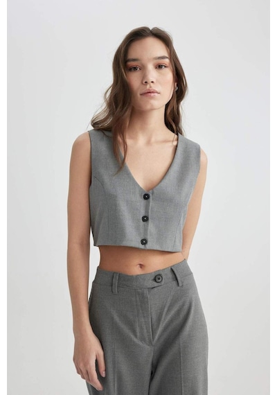 Defacto Crop Blazer Yelek C2574AX24SPGR28 Gri