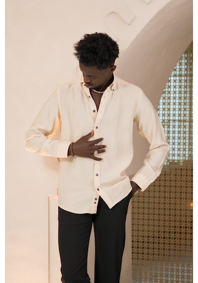 Dorss Yaka Düğmeli Yazlık İnce Tiril Tiril %100 Modal Slimfit Gömlek Krem