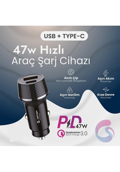 Lexroo Ultra Hızlı 47w Araç Şarj Başlığı - Tüm Cihazlar İle Uyumlu