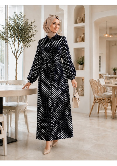 %100 Pamuklu-puantiye Desenli Mango Kumaş Kuşaklı Gömlek Elbise Yan Cepli 135 Cm Siyah