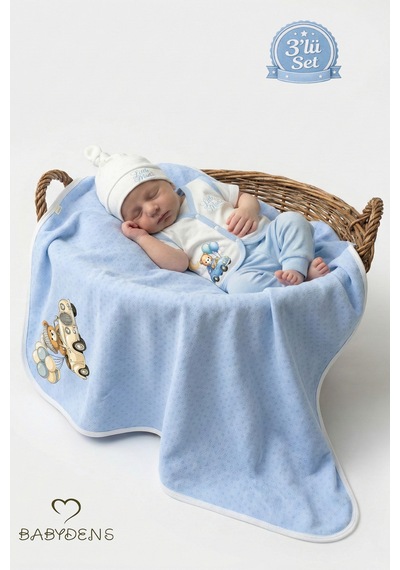 Babyden's Erkek Bebek 3 Lü Set Yenidoğan Bebek Seti, Jakarlı Battaniye, Şapka, Yelek 3-6 AY