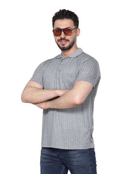 Kzctekstil Erkek Baba Ve Orta Yaş Penye Tişört Yakalı Cepli Jakarlı Kumaş Klasik Kesim Açık Gri