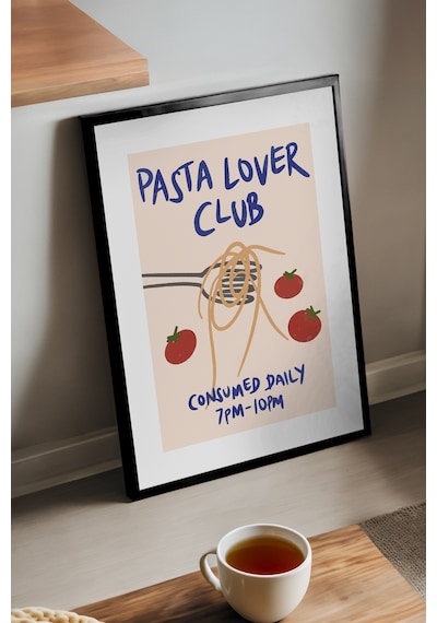 Pasta Lover Club Doğal Ahşap Çerçeveli Poster, Dekoratif Makarna Duvar Tablosu