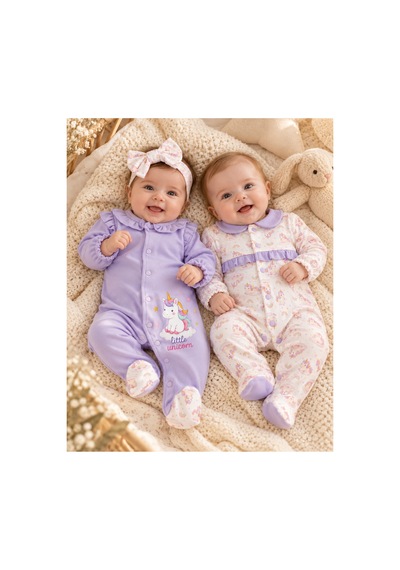 Omeca Concept Kız Bebek Unicorn Desenli 3'lü Tulum Seti Lila Ve Ekru Çıtçıtlı Patikli 2 Tulum Ve Fiyonklu Bandana