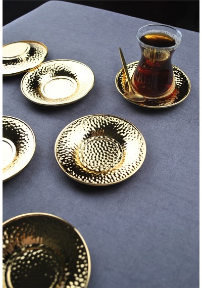 Qualitev 6 Adet Metal Çay Tabağı Dövme Desenli Çay Tabak 10 Cm Altın