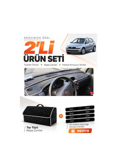 Opel Corsa C 2001-2011 Uyumlu Torpido Örtüsü + Tay Tüyü Bagaj Çantası + Sticker Seti - Siyah Gri
