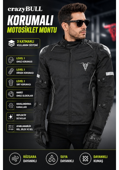 Motokit Crazybull Matador Siyah Erkek 4 Mevsim 3 Katmanlı Korumalı Reflektörlü Motosiklet Montu