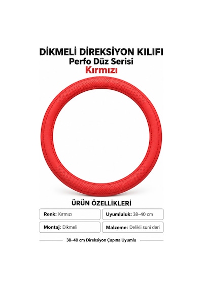Trobus Hyundai İ10 2020-2025 Uyumlu Dikmeli Direksiyon Kılıfı Perfo Düz Delikli Deri Kırmızı
