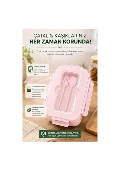 Piev Kilitli Sızdırmaz Çatal Kaşıklı 2 Bölmeli Beslenme Kabı Pembe