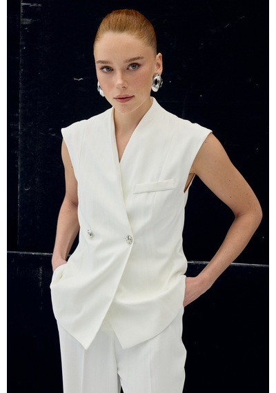 Sateen Anna Çizgili Yelek - Ekru-137103 Ekru