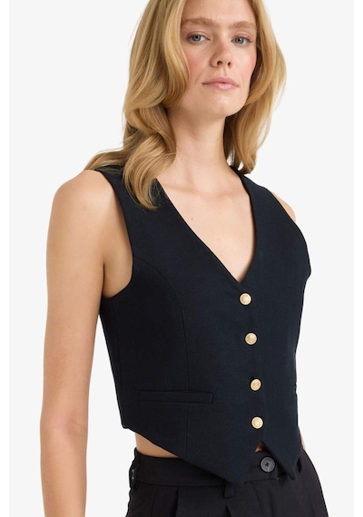 DeFacto Crop V Yaka Keten Karışımlı Blazer Siyah Yelek C7798AX25SMBK81