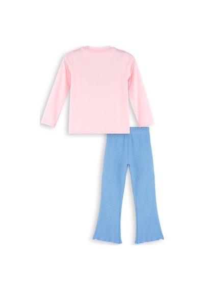 Kız Çocuk Kışlık Kedi Desenli Pamuklu Pembe Uzun Kollu Geniş Paça T-Shirt Pantolon Takımı 2-7 Yaş